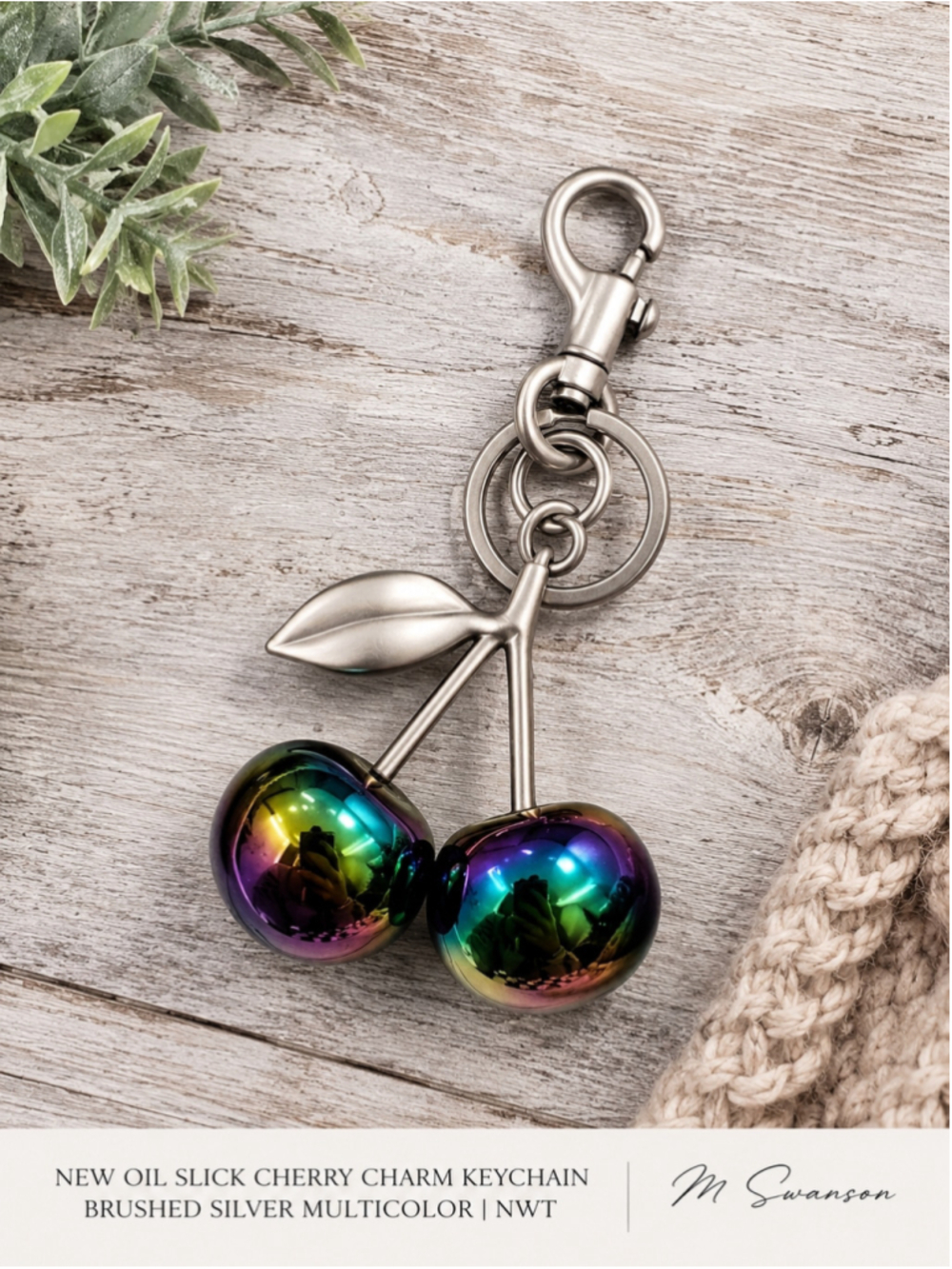 NEW Oil Slick Cherry Charm Keychain Brushed Silver Multicolor NWT